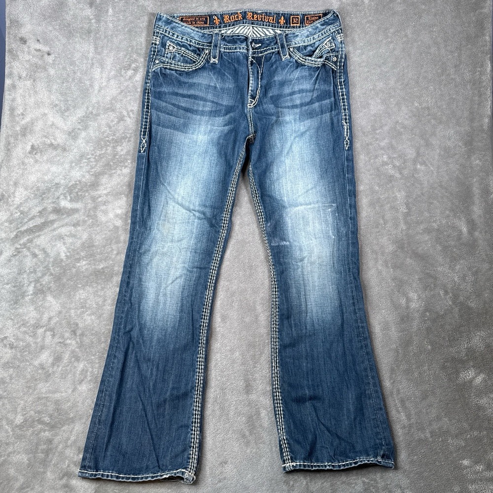 Rock Revival Easy Boot Cut Jeans Womens 32 Blue Distressed Low Rise Elaina